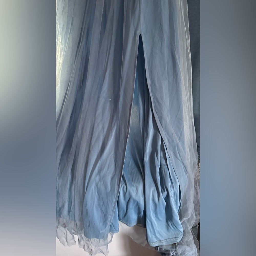 Faeriesty Fairy Dress – Elegant Blue Maternity V-Neck Midi Ruffle Sleeves & Slit - Picture 15 of 16